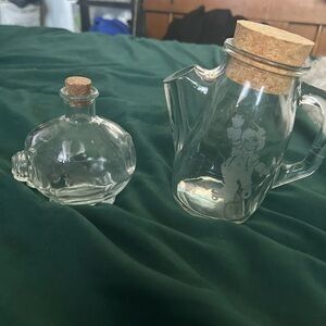 Clear Glass pitcher with pig Set. Cork Stoppers, frosted clown on pitcher.